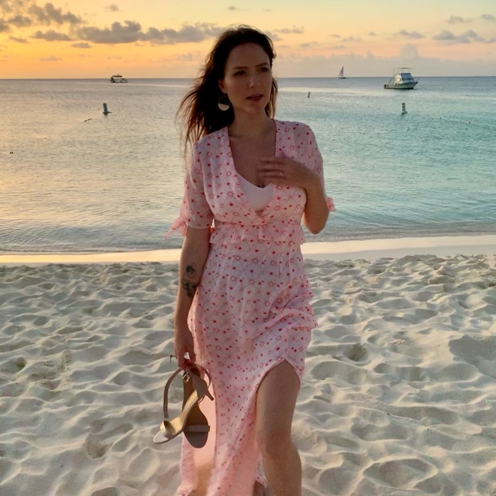 Avec Les Filles Coral and Red Patterned Dress
